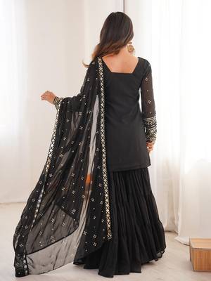 Women's georgette sequins embroidered designer kurta sharara with dupatta set 4