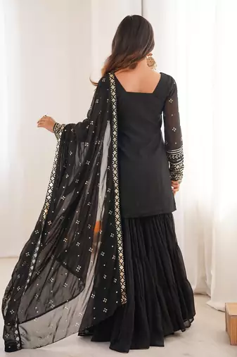 Women's georgette sequins embroidered designer kurta sharara with dupatta set