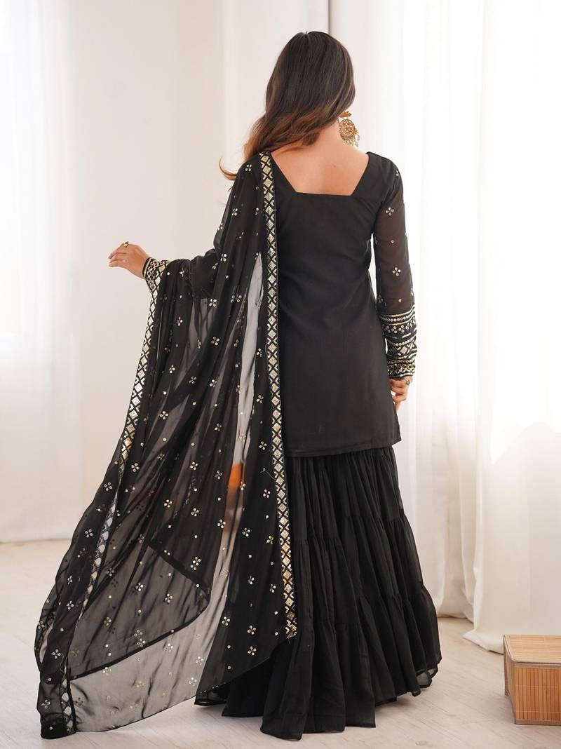 Women's georgette sequins embroidered designer kurta sharara with dupatta set