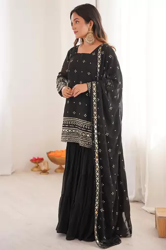 Women's georgette sequins embroidered designer kurta sharara with dupatta set