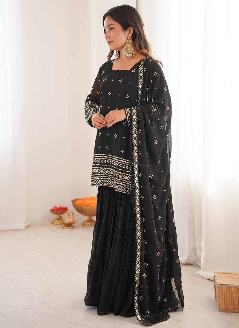 Women's georgette sequins embroidered designer kurta sharara with dupatta set