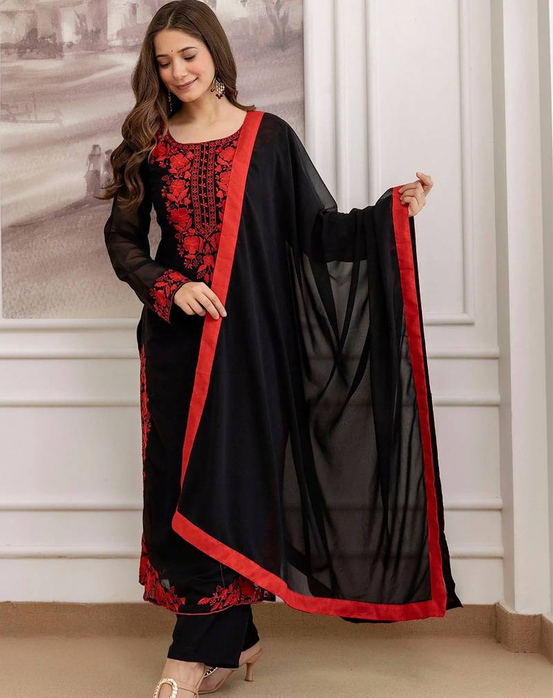 Women's georgette floral embroidered chikankari kurta pant with dupatta set