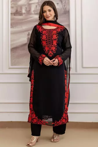 Women's georgette floral embroidered chikankari kurta pant with dupatta set