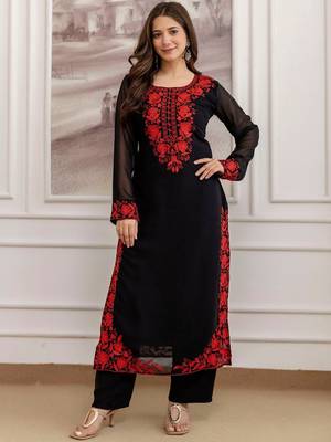 Women's georgette floral embroidered chikankari kurta pant with dupatta set 4