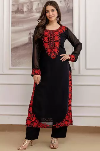 Women's georgette floral embroidered chikankari kurta pant with dupatta set