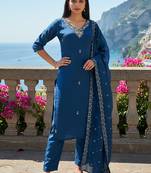 Women's cotton blend embroidered kurta pant with dupatta set