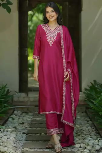 Women's cotton blend embroidered kurta pant with dupatta set