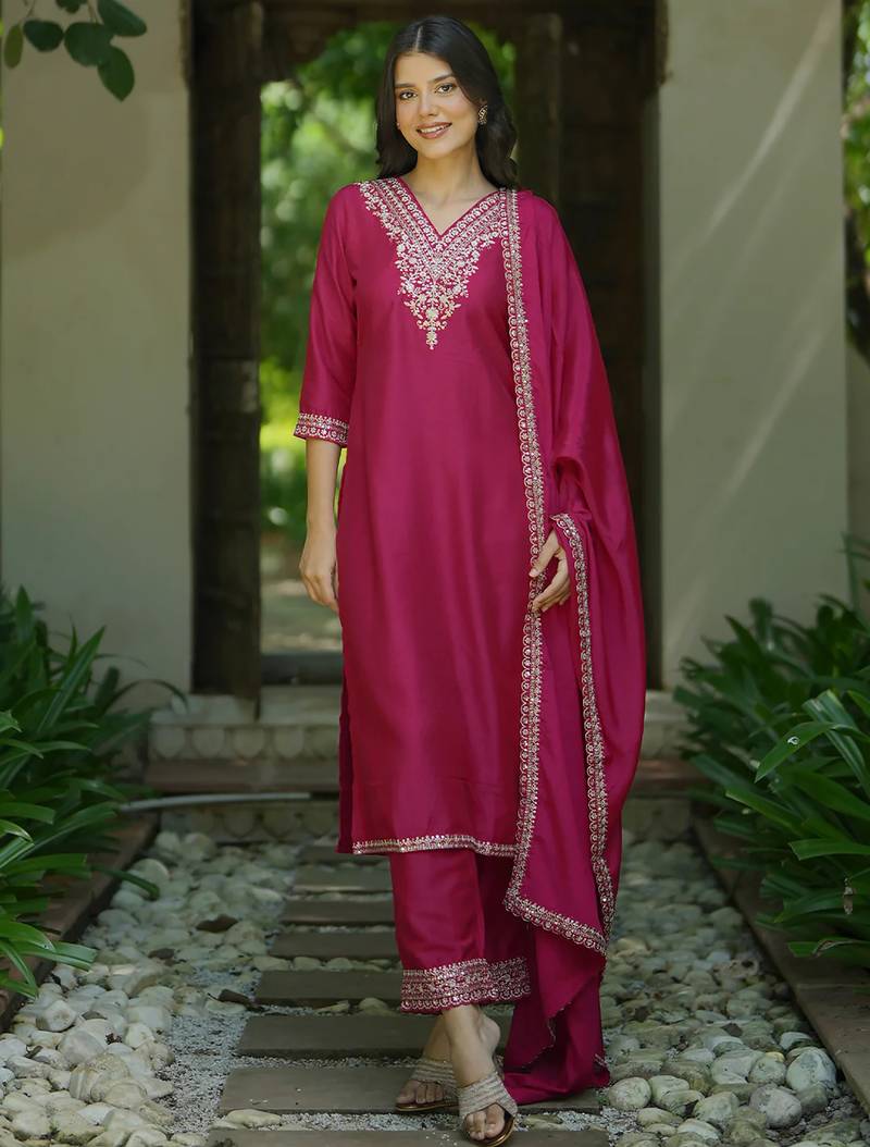 Women's cotton blend embroidered kurta pant with dupatta set