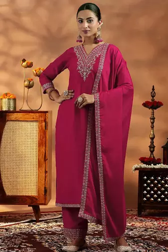Women's cotton blend embroidered kurta pant with dupatta set