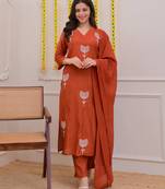 Women's cotton blend floral embroidered kurta pant with dupatta set