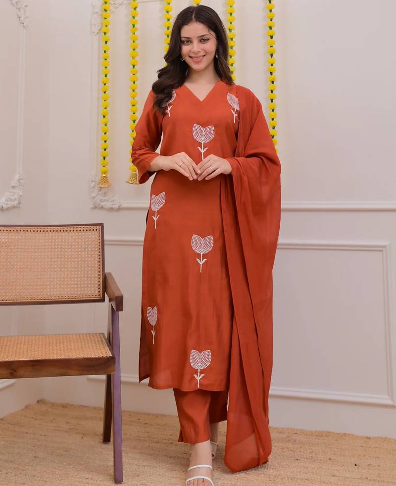 Women's cotton blend floral embroidered kurta pant with dupatta set