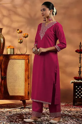 Women's cotton blend embroidered kurta pant with dupatta set