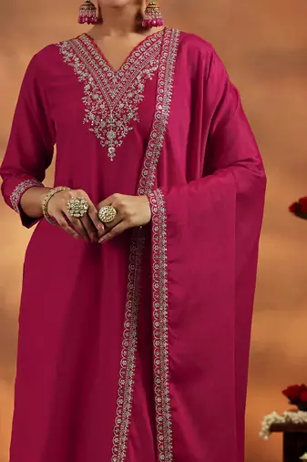 Women's cotton blend embroidered kurta pant with dupatta set