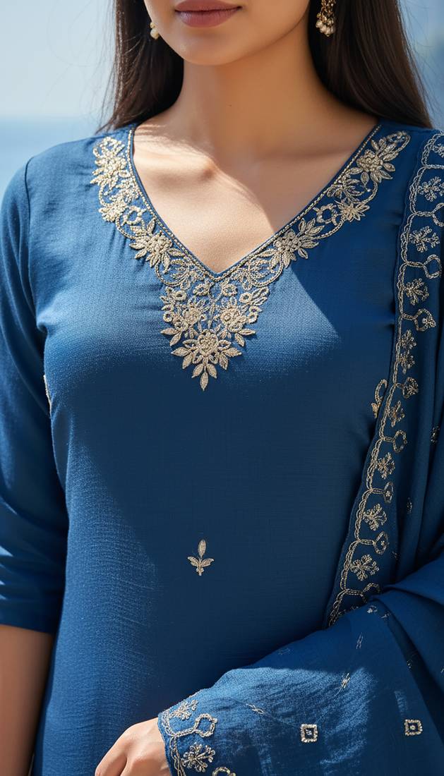 Women's cotton blend embroidered kurta pant with dupatta set