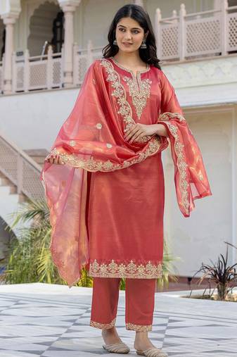 Women's shimmer net sequins embroidered kurta pant with dupatta set