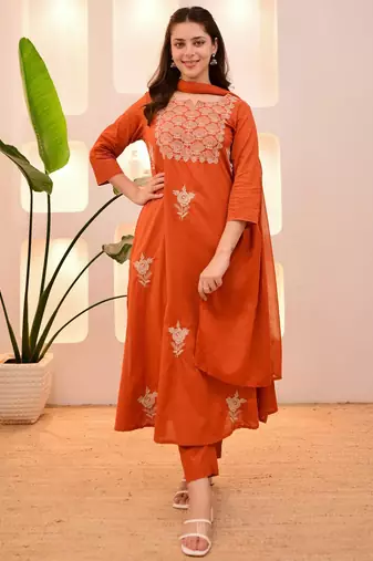 Women's cotton blend floral embroidered kurta pant with dupatta set