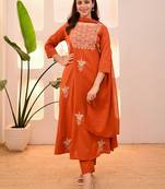 Women's cotton blend floral embroidered kurta pant with dupatta set