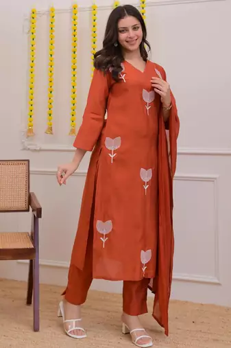Women's cotton blend floral embroidered kurta pant with dupatta set