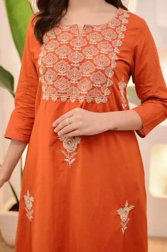 Women's cotton blend floral embroidered kurta pant with dupatta set