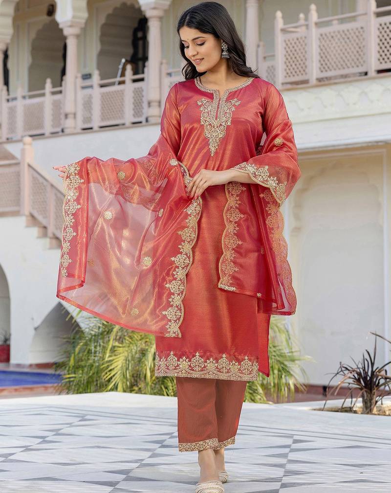 Women's shimmer net sequins embroidered kurta pant with dupatta set