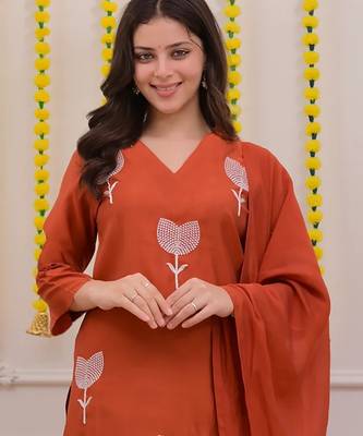 Women's cotton blend floral embroidered kurta pant with dupatta set 4