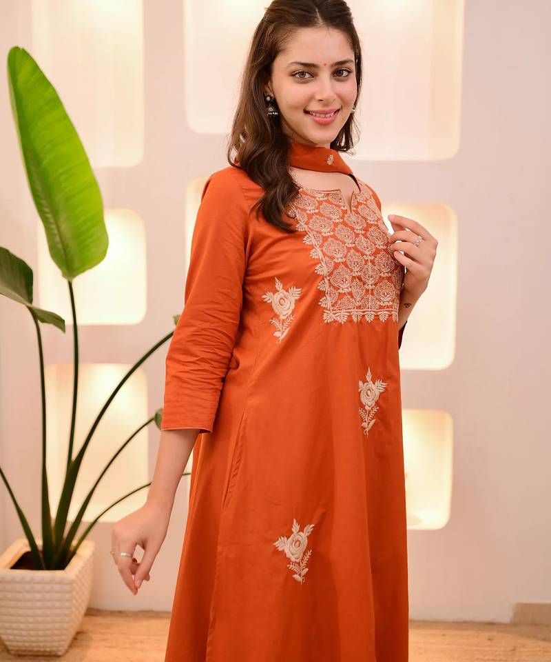 Women's cotton blend floral embroidered kurta pant with dupatta set