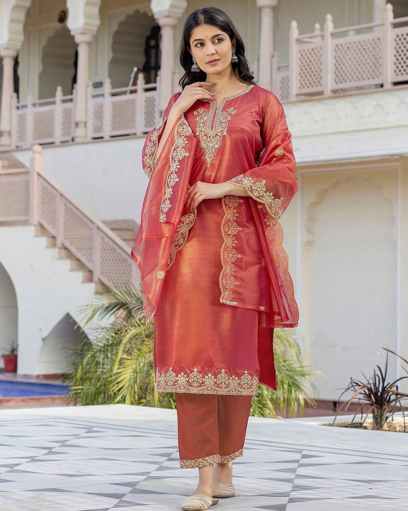 Women's shimmer net sequins embroidered kurta pant with dupatta set