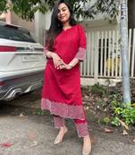 Women's silk blend thread embroidered kurta pant set