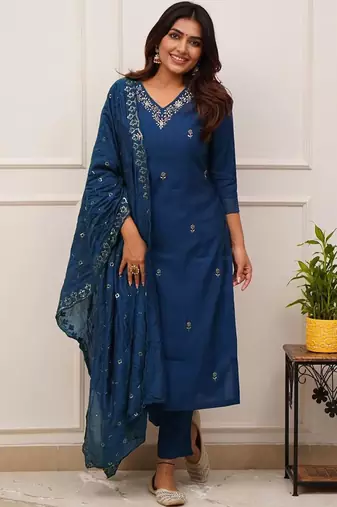 Women's cotton blend embroidered kurta pant with dupatta set