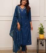 Women's cotton blend embroidered kurta pant with dupatta set