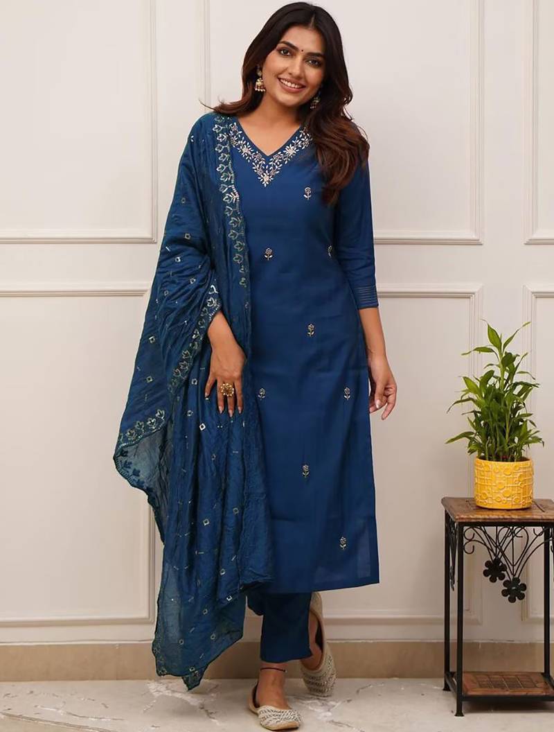 Women's cotton blend embroidered kurta pant with dupatta set