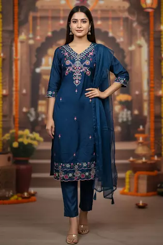 Women's cotton blend floral embroidered kurta pant with dupatta set