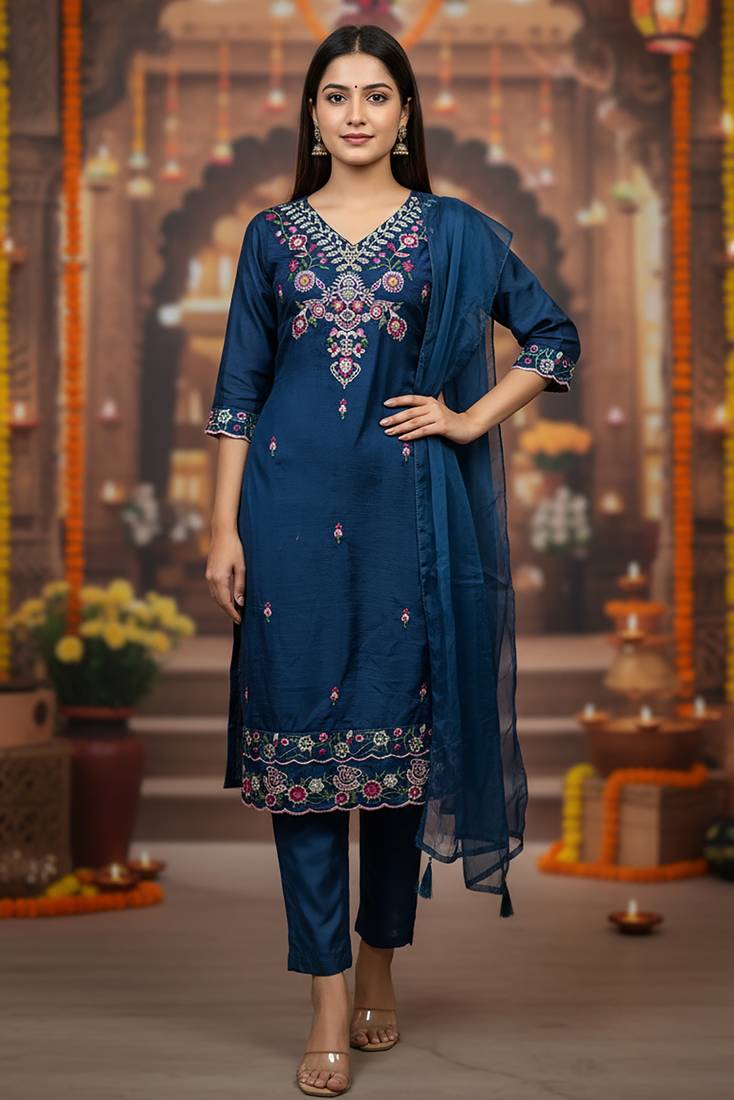 Women's cotton blend floral embroidered kurta pant with dupatta set