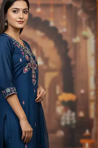 Women's cotton blend floral embroidered kurta pant with dupatta set