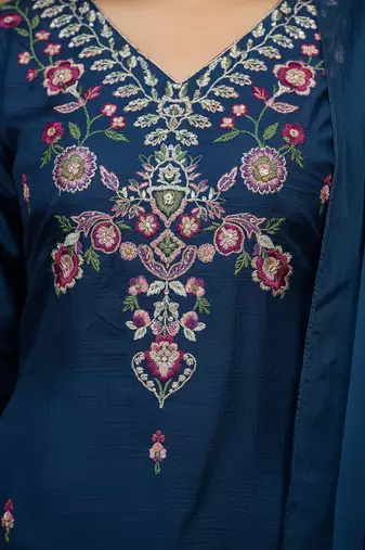 Women's cotton blend floral embroidered kurta pant with dupatta set