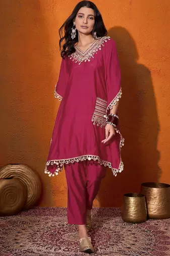 Women's silk mirror embroidered kaftan kurta pant set