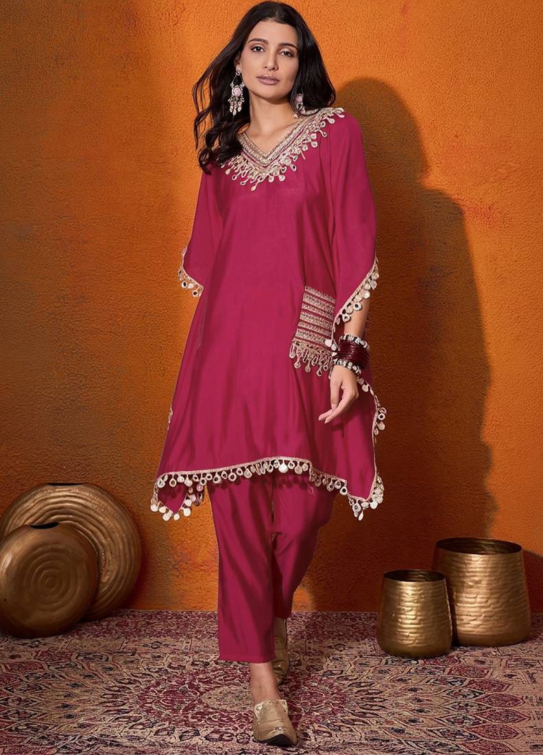 Women's silk mirror embroidered kaftan kurta pant set