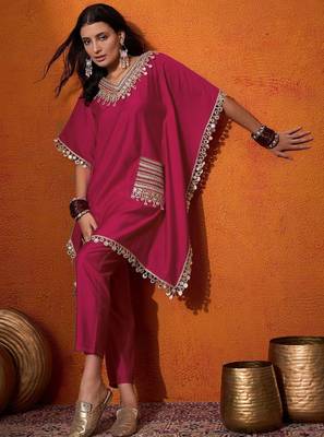 Women's silk mirror embroidered kaftan kurta pant set 2