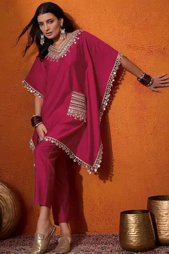 Women's silk mirror embroidered kaftan kurta pant set