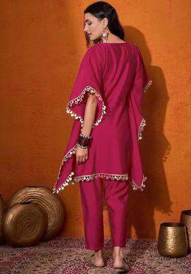 Women's silk mirror embroidered kaftan kurta pant set 3
