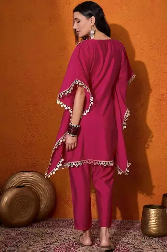 Women's silk mirror embroidered kaftan kurta pant set