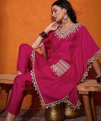 Women's silk mirror embroidered kaftan kurta pant set 4
