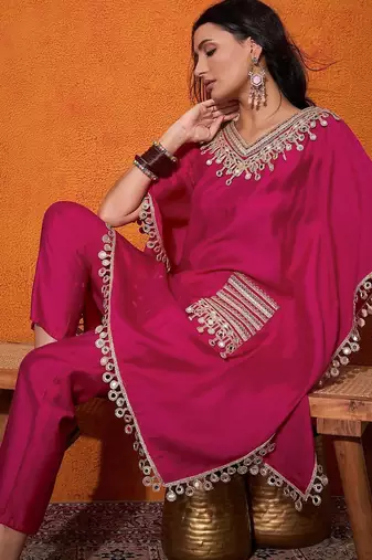 Women's silk mirror embroidered kaftan kurta pant set