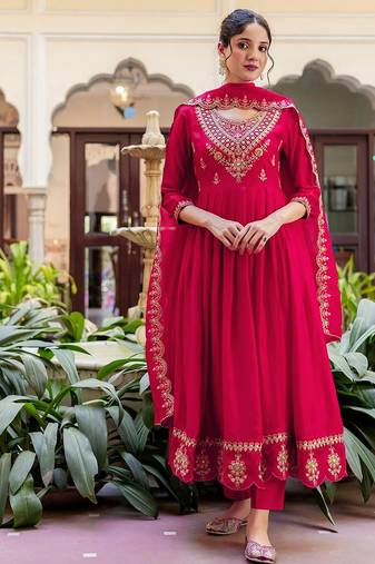 Women's vichitra silk sequins embroidered anarkali kurta pant with dupatta set