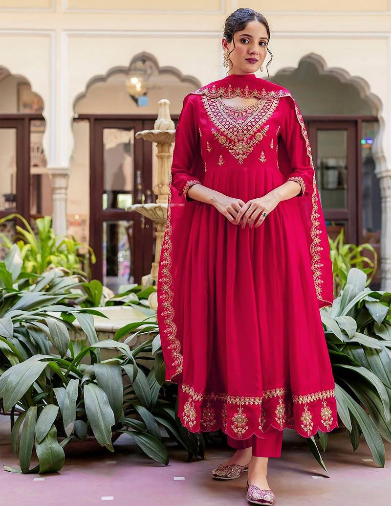 Women's vichitra silk sequins embroidered anarkali kurta pant with dupatta set