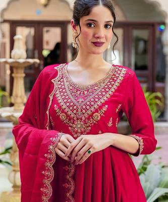 Women's vichitra silk sequins embroidered anarkali kurta pant with dupatta set 2
