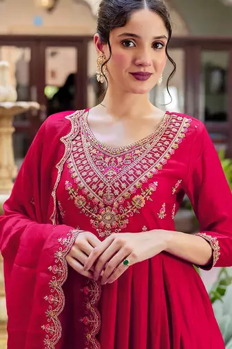 Women's vichitra silk sequins embroidered anarkali kurta pant with dupatta set