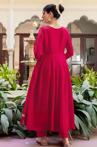 Women's vichitra silk sequins embroidered anarkali kurta pant with dupatta set