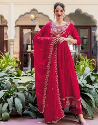 Women's vichitra silk sequins embroidered anarkali kurta pant with dupatta set 4
