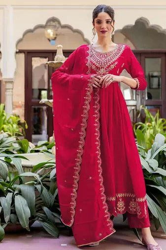Women's vichitra silk sequins embroidered anarkali kurta pant with dupatta set